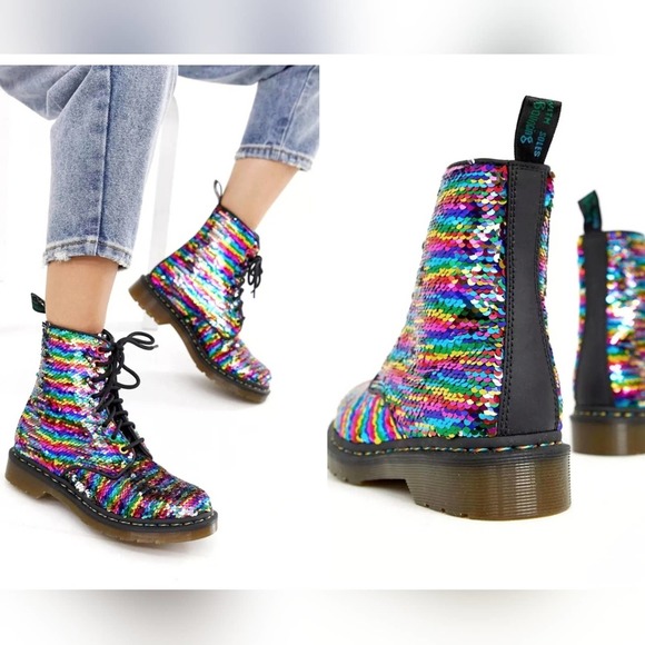 Dr Doc Martens Pascal Boots Sequin Rainbow / Silver Moto Size 5 UK / 7 Women's - Picture 1 of 12